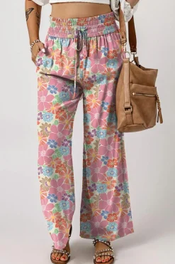 Fashion Dear-Lover Floral Smocked Waist Loose Pants Pink