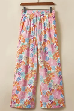 Fashion Dear-Lover Floral Smocked Waist Loose Pants Pink