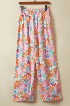 Fashion Dear-Lover Floral Smocked Waist Loose Pants Pink
