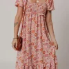 Hot Dear-Lover Floral Square Neck Knotted Ruffle Midi Dress Pink