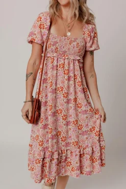Hot Dear-Lover Floral Square Neck Knotted Ruffle Midi Dress Pink