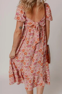 Hot Dear-Lover Floral Square Neck Knotted Ruffle Midi Dress Pink