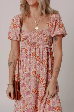 Hot Dear-Lover Floral Square Neck Knotted Ruffle Midi Dress Pink
