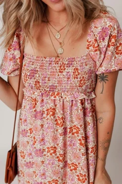 Hot Dear-Lover Floral Square Neck Knotted Ruffle Midi Dress Pink