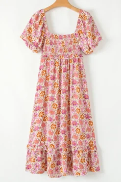 Hot Dear-Lover Floral Square Neck Knotted Ruffle Midi Dress Pink