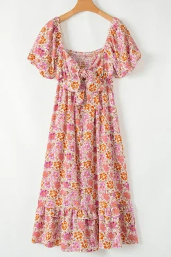 Hot Dear-Lover Floral Square Neck Knotted Ruffle Midi Dress Pink