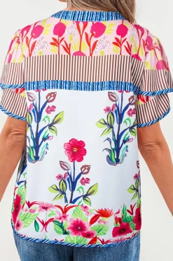 Outlet Dear-Lover Floral Striped Patchwork Short Sleeve Split Neck Blouse Pink