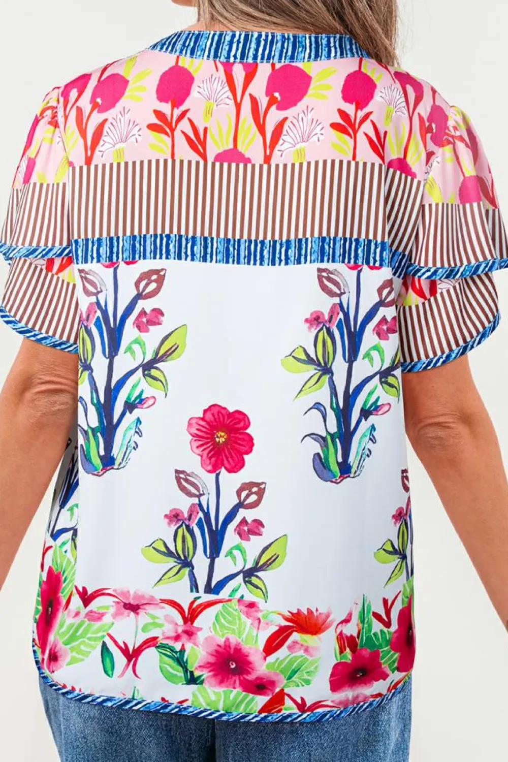Outlet Dear-Lover Floral Striped Patchwork Short Sleeve Split Neck Blouse Pink