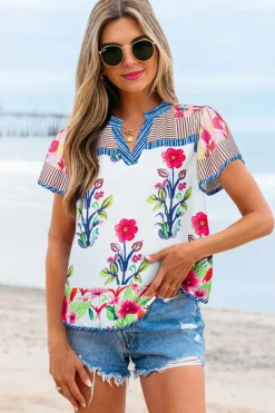 Outlet Dear-Lover Floral Striped Patchwork Short Sleeve Split Neck Blouse Pink