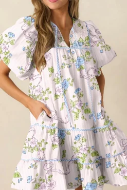 Discount Dear-Lover Floral Striped Print Contrast Trim Tie Split Neck Mini Dress Pink
