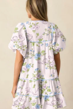 Discount Dear-Lover Floral Striped Print Contrast Trim Tie Split Neck Mini Dress Pink