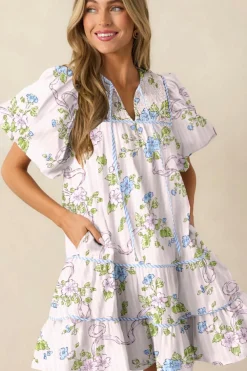 Discount Dear-Lover Floral Striped Print Contrast Trim Tie Split Neck Mini Dress Pink