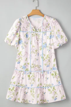 Discount Dear-Lover Floral Striped Print Contrast Trim Tie Split Neck Mini Dress Pink