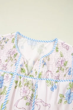 Discount Dear-Lover Floral Striped Print Contrast Trim Tie Split Neck Mini Dress Pink