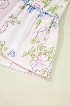 Discount Dear-Lover Floral Striped Print Contrast Trim Tie Split Neck Mini Dress Pink