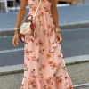 Online Dear-Lover Floral V Neck Smocked High Waist Ruffle Hem Long Dress Pink