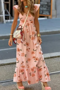 Online Dear-Lover Floral V Neck Smocked High Waist Ruffle Hem Long Dress Pink