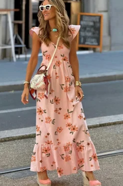 Online Dear-Lover Floral V Neck Smocked High Waist Ruffle Hem Long Dress Pink