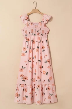 Online Dear-Lover Floral V Neck Smocked High Waist Ruffle Hem Long Dress Pink