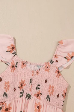 Online Dear-Lover Floral V Neck Smocked High Waist Ruffle Hem Long Dress Pink
