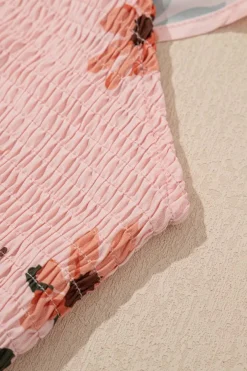 Online Dear-Lover Floral V Neck Smocked High Waist Ruffle Hem Long Dress Pink