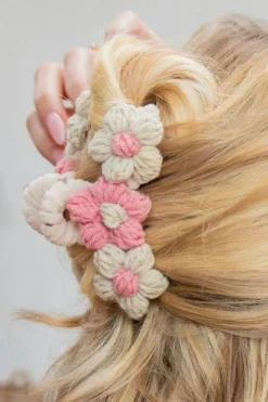 Online Dear-Lover Flower Crochet Cover Large Hair Claw Clip Pink