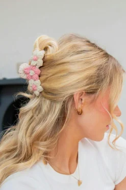 Online Dear-Lover Flower Crochet Cover Large Hair Claw Clip Pink