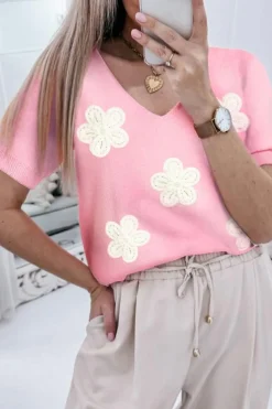New Dear-Lover Flower Crochet V Neck Short Sleeve Sweater Pink