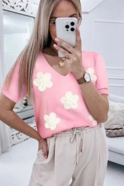 New Dear-Lover Flower Crochet V Neck Short Sleeve Sweater Pink