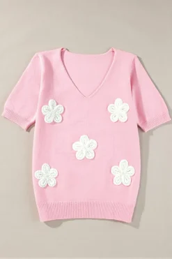 New Dear-Lover Flower Crochet V Neck Short Sleeve Sweater Pink