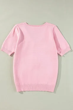 New Dear-Lover Flower Crochet V Neck Short Sleeve Sweater Pink