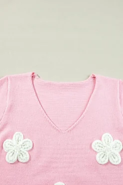 New Dear-Lover Flower Crochet V Neck Short Sleeve Sweater Pink