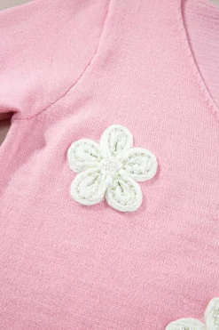 New Dear-Lover Flower Crochet V Neck Short Sleeve Sweater Pink