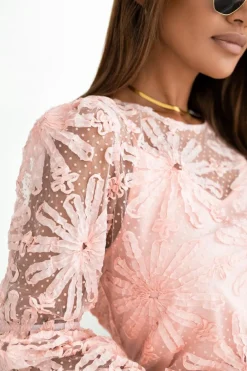 Sale Dear-Lover Flower Dotted Ruffled Sleeve Mesh Top Pink