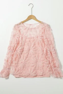 Sale Dear-Lover Flower Dotted Ruffled Sleeve Mesh Top Pink