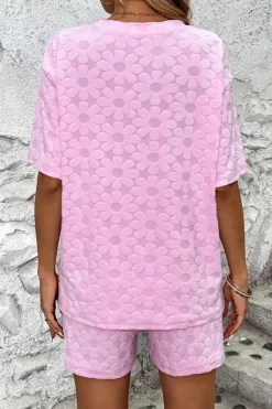 Best Dear-Lover Flower Embossed Texture Short 2pcs Outfit Pink