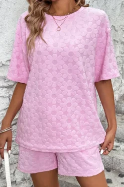 Best Dear-Lover Flower Embossed Texture Short 2pcs Outfit Pink