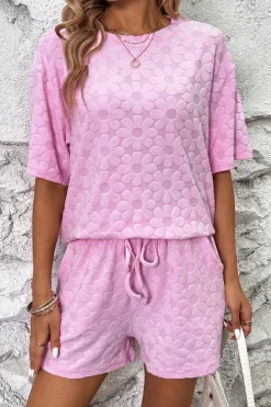 Best Dear-Lover Flower Embossed Texture Short 2pcs Outfit Pink