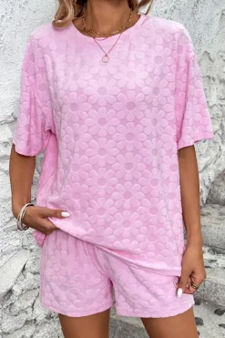 Best Dear-Lover Flower Embossed Texture Short 2pcs Outfit Pink