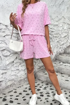 Best Dear-Lover Flower Embossed Texture Short 2pcs Outfit Pink