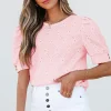 Online Dear-Lover Flower Geometric Textured Button Short Sleeve Top Pink