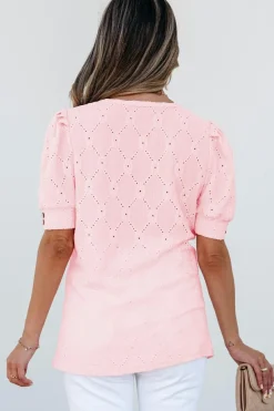 Online Dear-Lover Flower Geometric Textured Button Short Sleeve Top Pink