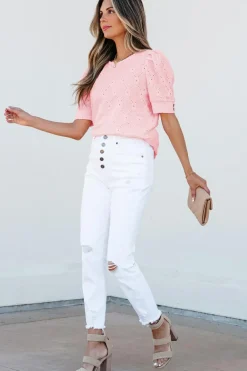 Online Dear-Lover Flower Geometric Textured Button Short Sleeve Top Pink
