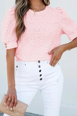 Online Dear-Lover Flower Geometric Textured Button Short Sleeve Top Pink