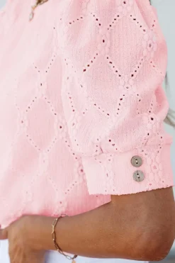 Online Dear-Lover Flower Geometric Textured Button Short Sleeve Top Pink