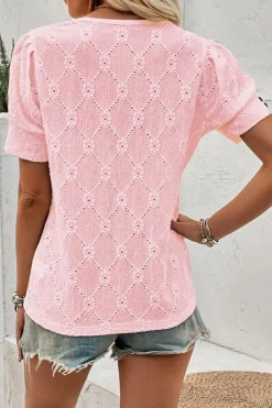 Online Dear-Lover Flower Geometric Textured Button Short Sleeve Top Pink