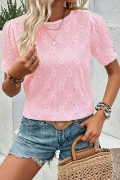 Online Dear-Lover Flower Geometric Textured Button Short Sleeve Top Pink