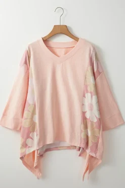 Hot Dear-Lover Flower Patchwork Exposed Seam Oversized High Low Top Pink
