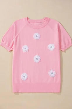 New Dear-Lover Flower Pattern Short Sleeve Knitted Top Pink