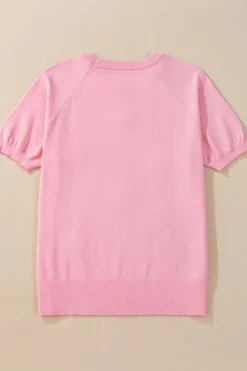 New Dear-Lover Flower Pattern Short Sleeve Knitted Top Pink